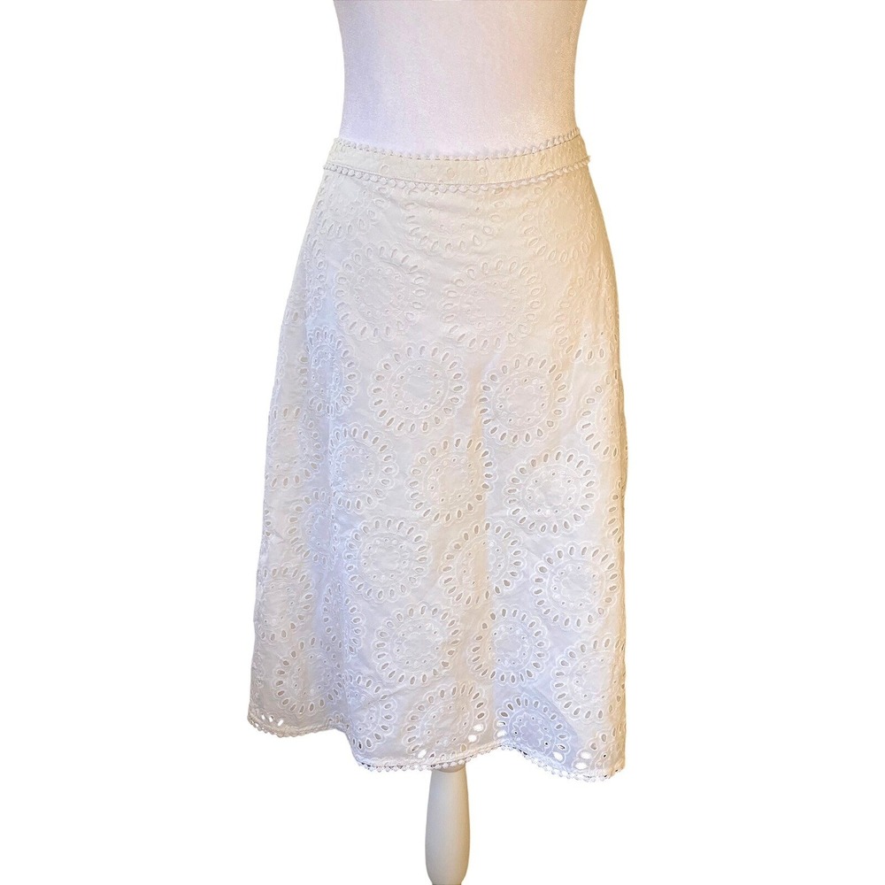 Y2K Sigrid Olsen Eyelet Lace White Midi Skirt 14 Femme Coquette Cottage‎ Dainty